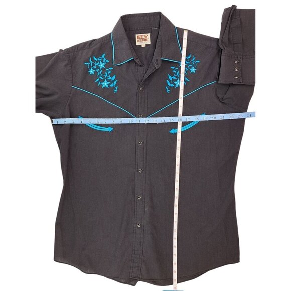 Vintage Ely Cattleman Western Shirt Pearl Snap Men Large Black Blue Embroidered - Picture 8 of 9